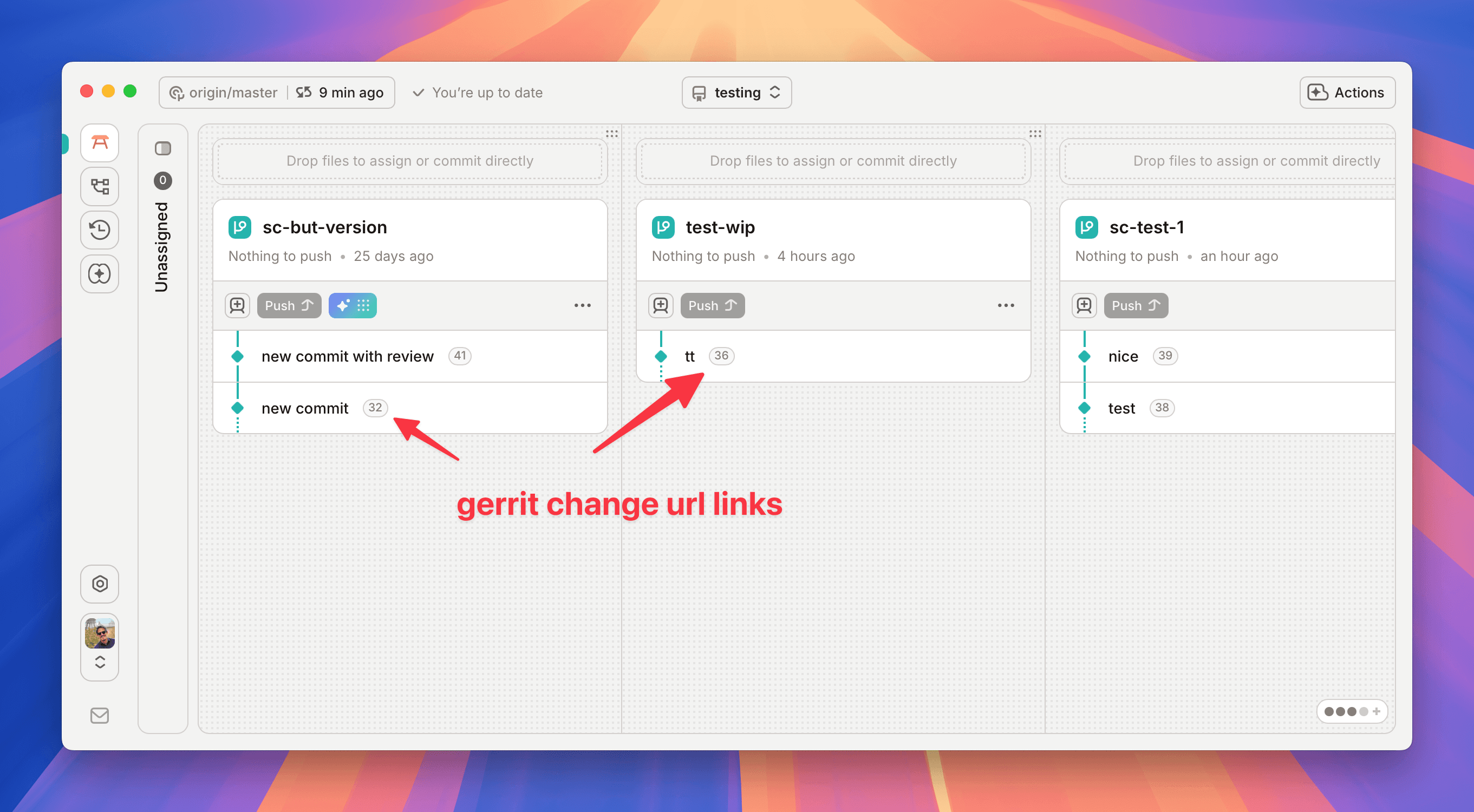 Gerrit Change numbers and URLs are shown and linked to